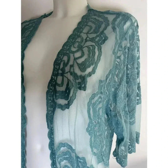 Women's Favlux Turquoise Lace Kimono Cardigan Duster Size M‎ GUC! 0155 - Picture 2 of 12
